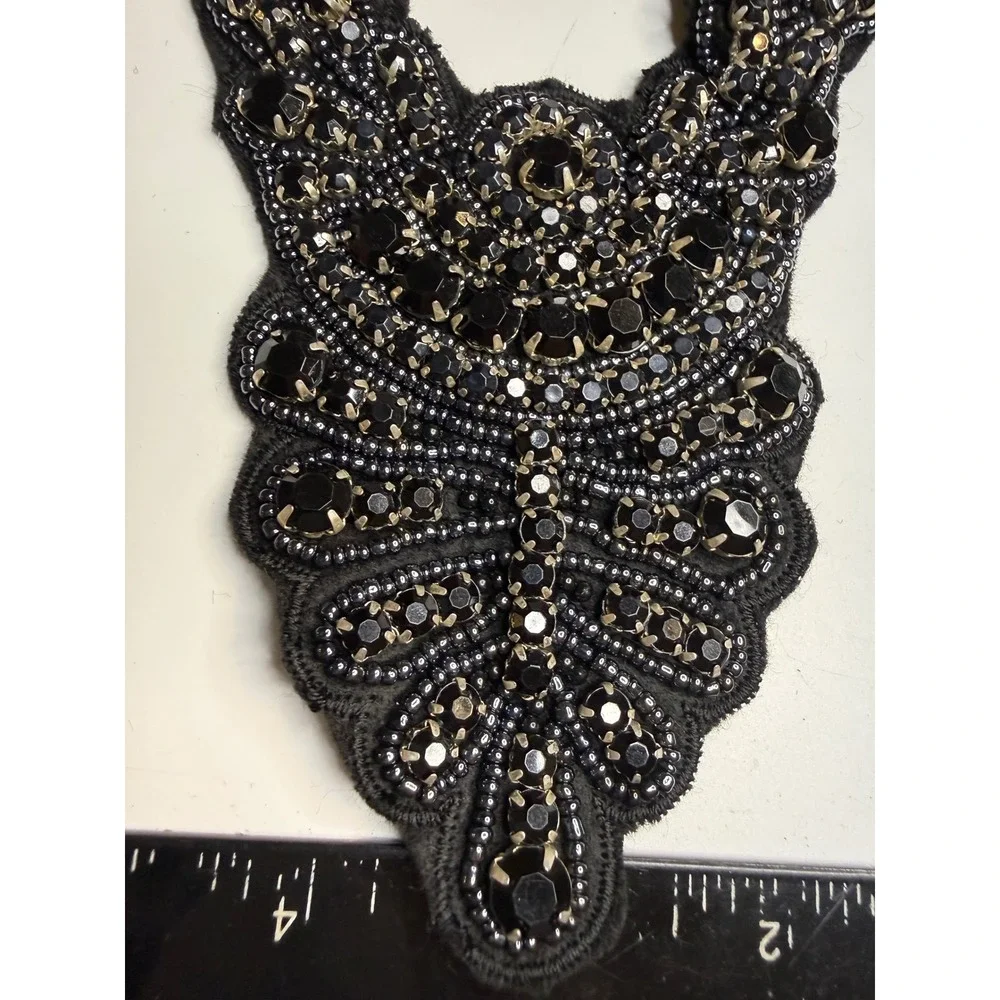 Black Beaded Bib Statement Necklace Gunmetal Crystal Sequin Fabric Collar